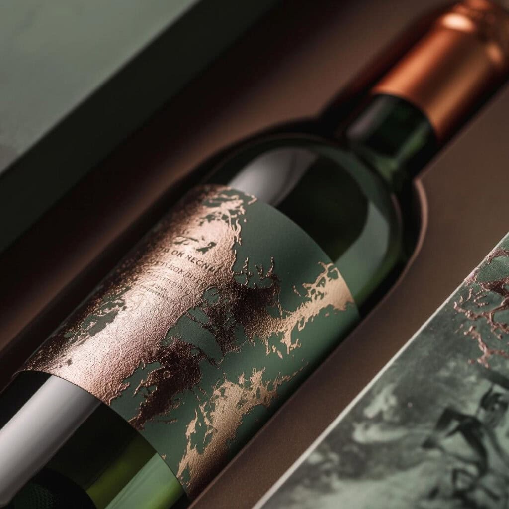 Innovador diseño de etiqueta para botella de vino, con acabado metálico y mapa del mundo en tonos cobre, resaltando la exclusividad y elegancia en packaging de lujo.Close-up of an elegant wine bottle with a textured label, demonstrating the sophisticated structural design capabilities of our premium food packaging solutions.