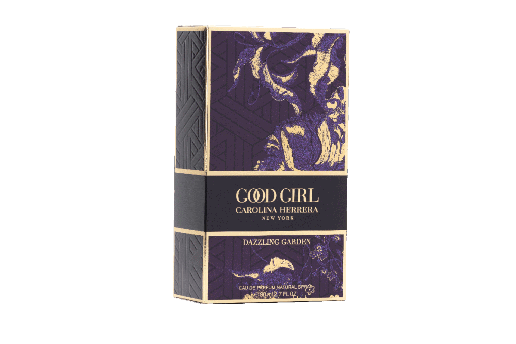 Texto alternativo: Caja de perfume Carolina Herrera Good Girl Dazzling Garden con diseño elegante en tonos morados y dorados, perfecta para packaging de lujo.
