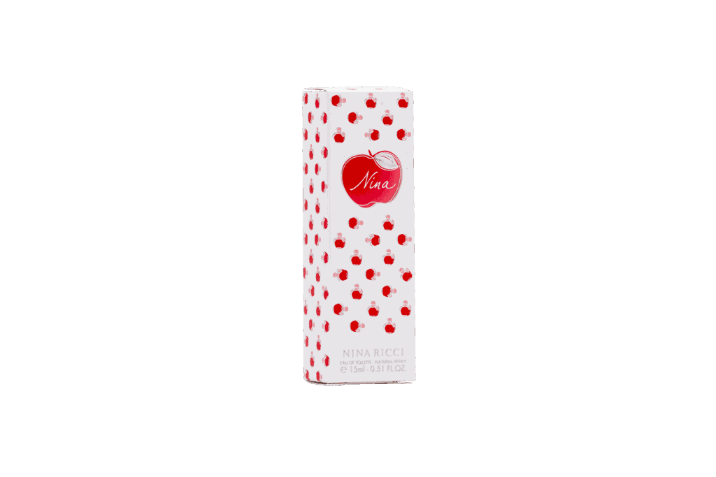 Nina Ricci perfume packaging con diseño de cerezas en fondo blanco y logo en rojos, ideal para presentaciones de productos de belleza y perfumería en packaging personalizado.