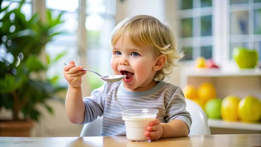 Bébé mangeant du yaourt dans un contenant plastique transparent, démontrant l’innovation dans l’emballage pour sa sécurité et sa praticité.