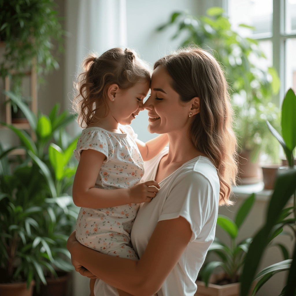 Mother and daughter embracing in a natural environment, representing the commitment to the future and the environment of our sustainable packaging company.
