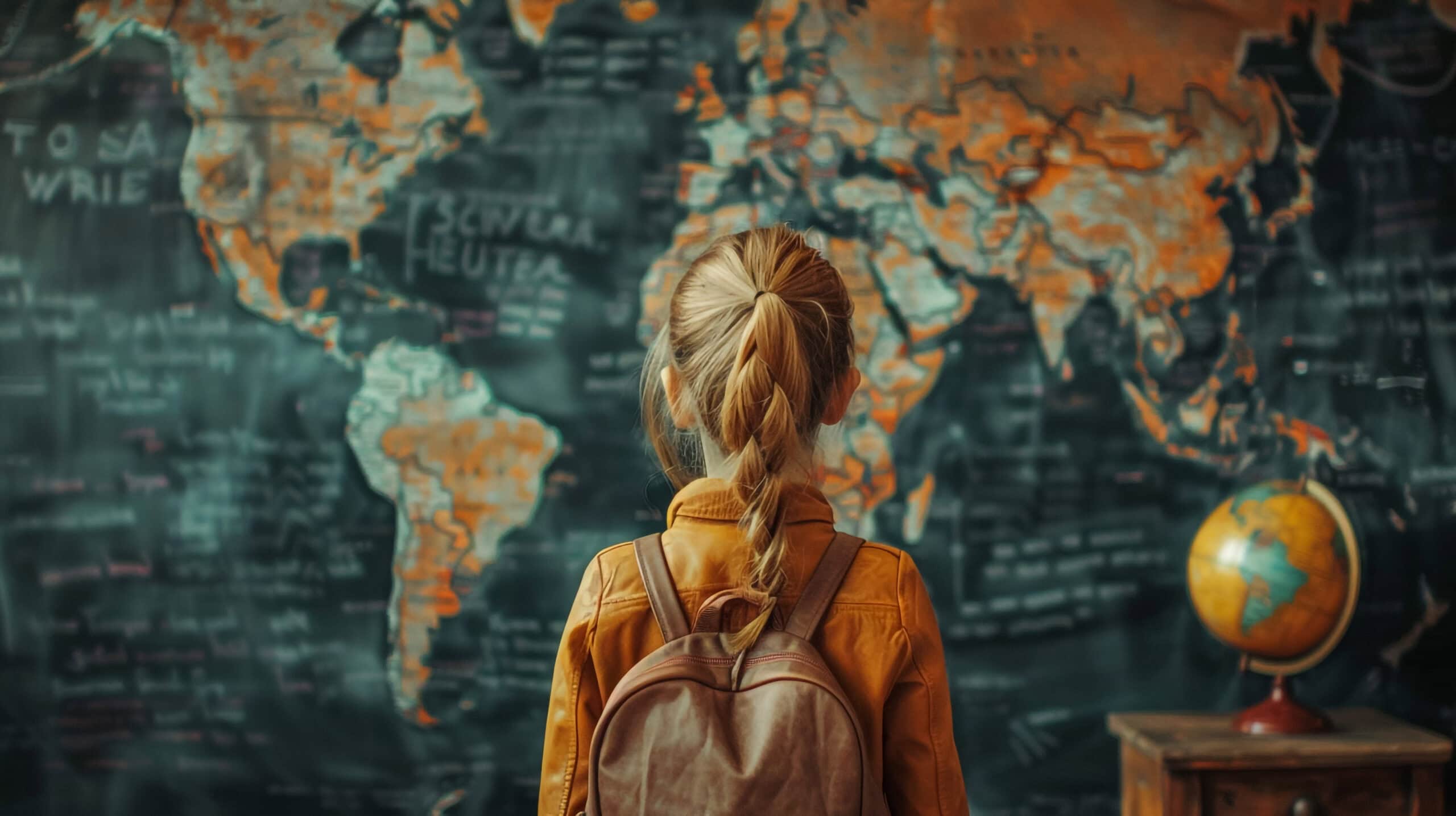 Image of a student with a backpack looking at a world map in a classroom, representing the international and creative vision of Leca Graphics.