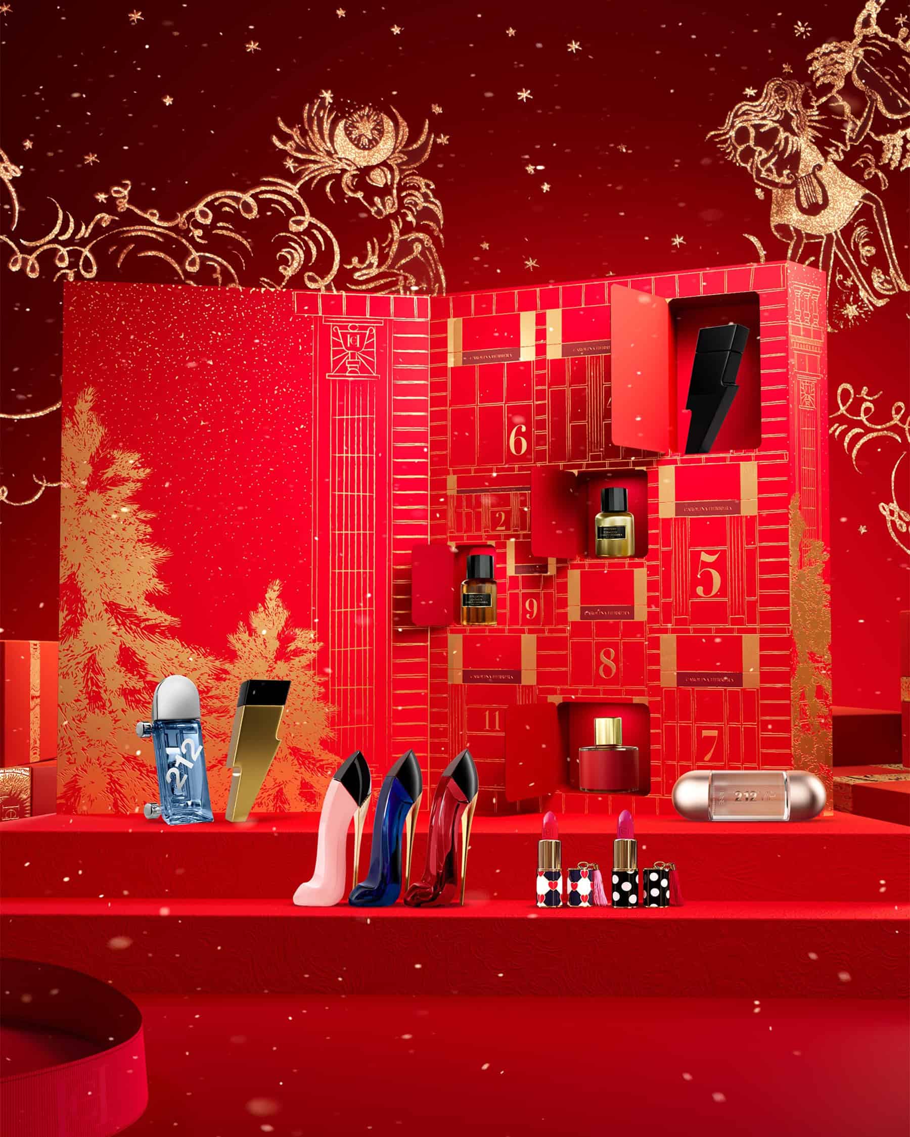Ejemplo de diseño estructural complejo en packaging de perfumes, mostrando un estuche rojo