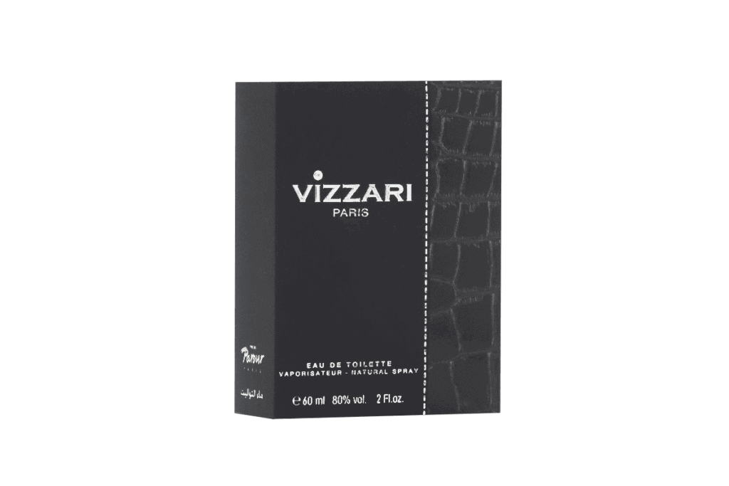Vizzari perfume en caja negra con relieve de textura de cocodrilo, presentación elegante y moderna para packaging de fragancias premium.