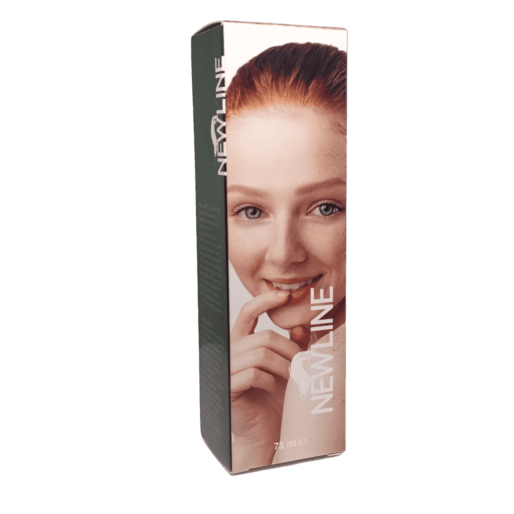 Packaging para sérum y cuidado facial New Line con imagen de rostro femenino
