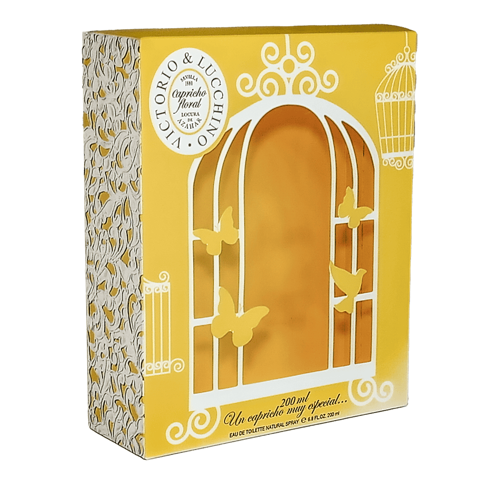 Packaging para perfumería y cosmética con caja amarilla y ventana decorativa premium