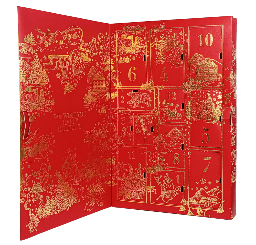 Puerta de calendario de adviento navideño en color rojo con detalles en dorado, ilustrando motivos festivos y números de días hasta Navidad, ideal para packaging de temporada navideña.