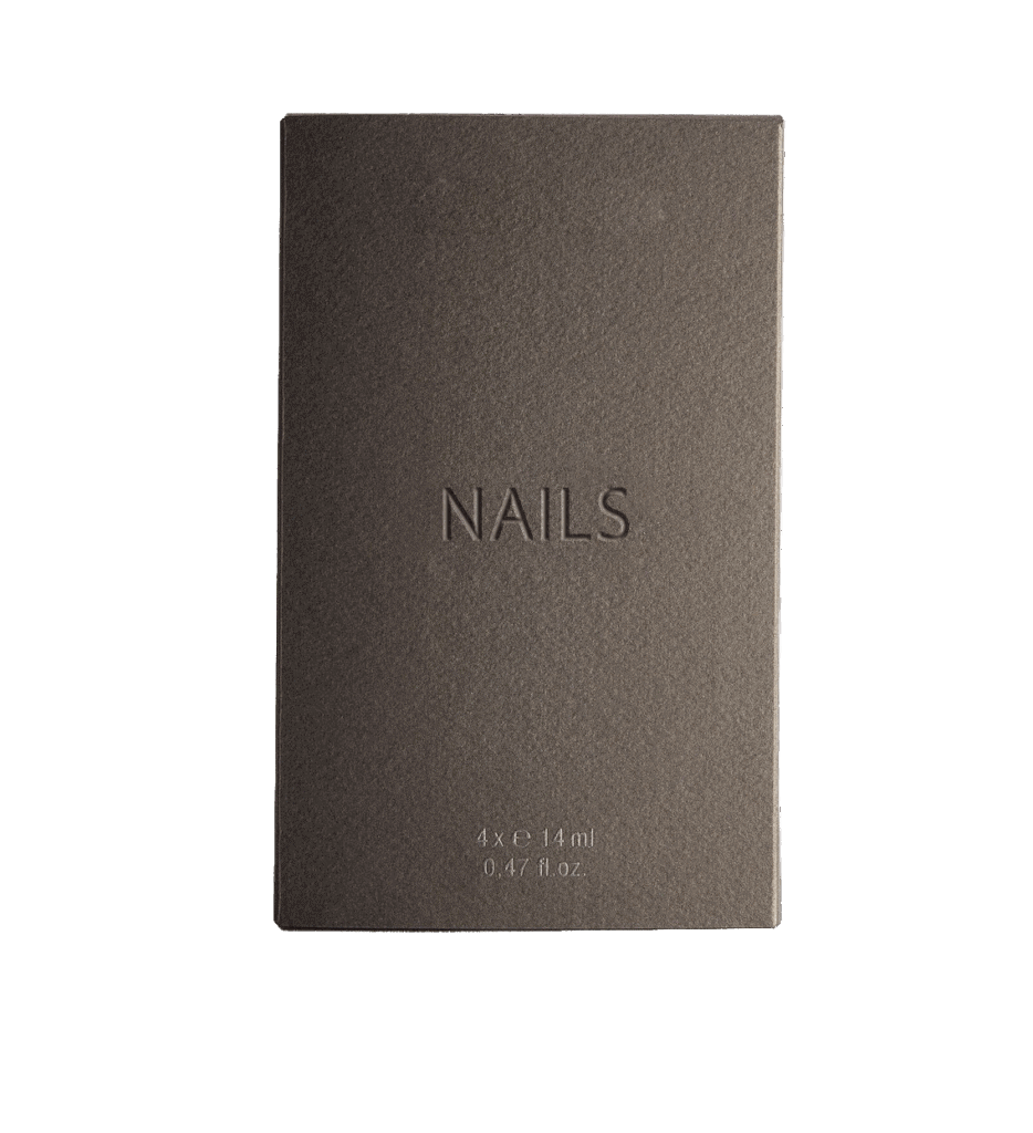 Packaging premium para uñas y productos de belleza con acabado oscuro elegante