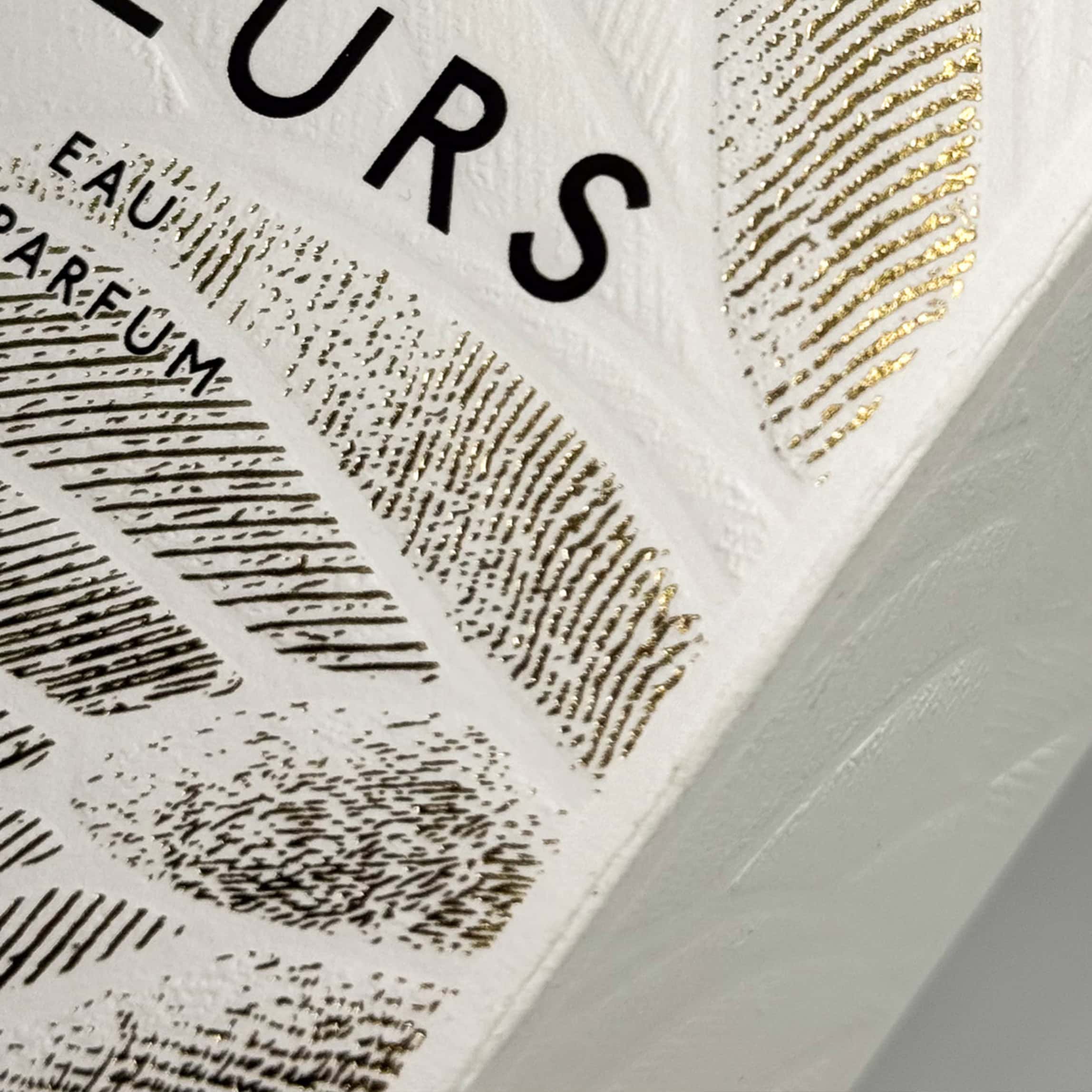 Primer plano de estuche blanco con textura y estampados en caliente dorados con relieve.