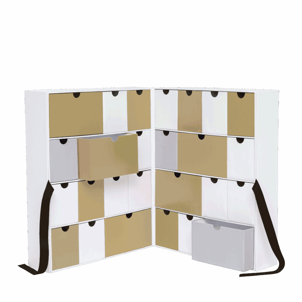 Cajas de cartón compactas y modulares con cierre de banda para organización eficiente en packaging.