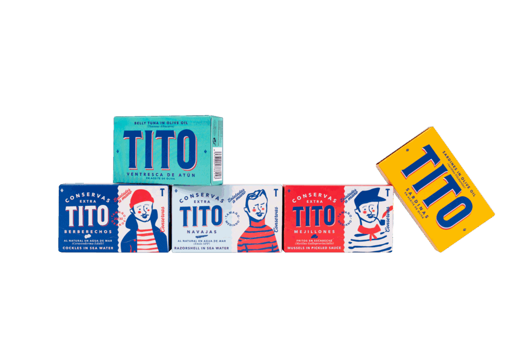 Packaging para conservas premium Tito con cajas de cartón coloridas