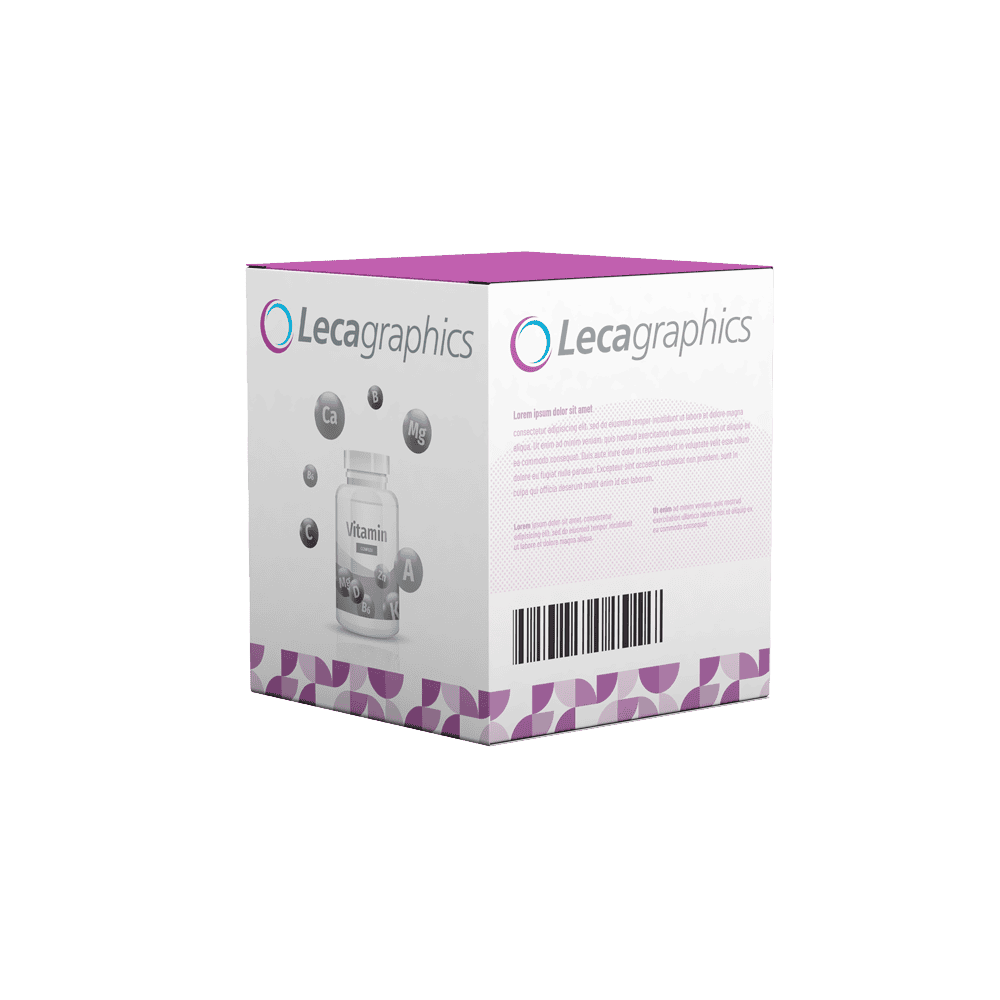 Diseño de caja de cartón de la marca Lecagraphics para un complejo vitamínico, un ejemplo de envases para suplementos alimenticios.