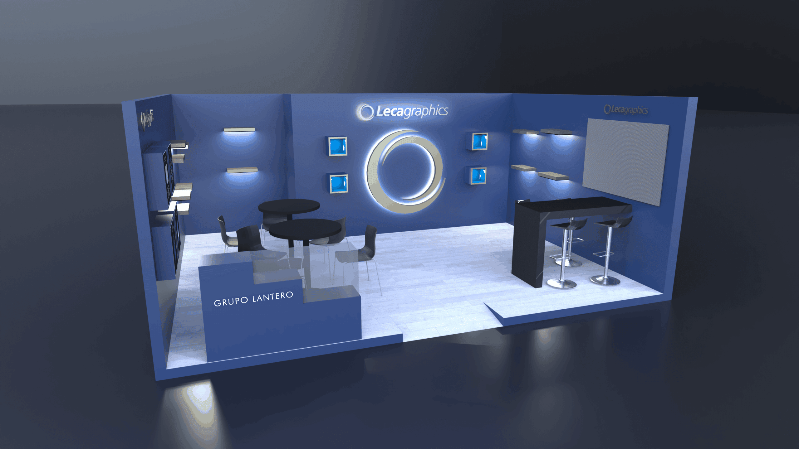 Diseño 3D del stand de Leca Graphics y Grupo Lantero para la feria Luxe Pack Mónaco 2025